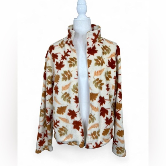 Vintage Mountain Lake autumn leaf print fleece zip up sweater - Picture 4 of 8